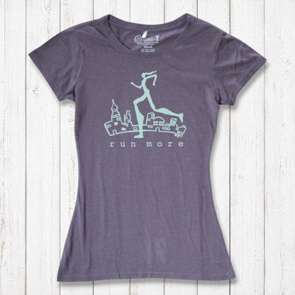 Charcoal purple women's sustainable running t-shirt featuring 'Run More' graphic, made from bamboo and organic cotton for active lifestyles.