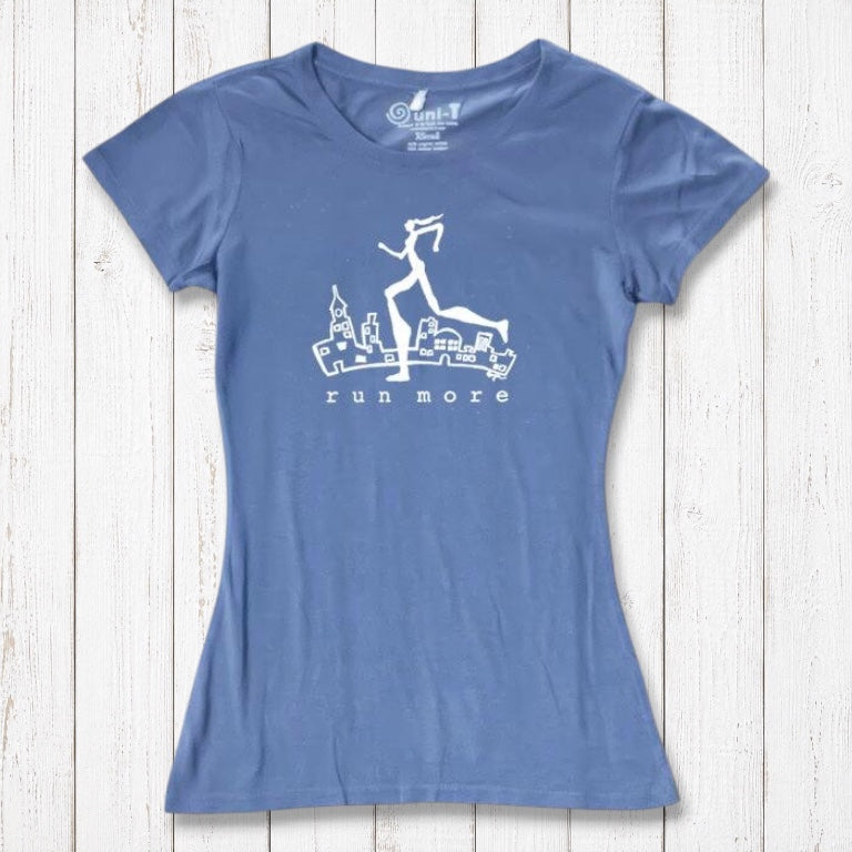 Blue women's bamboo and organic cotton t-shirt with white 'Run More' runner graphic, breathable and soft for fitness and casual wear.