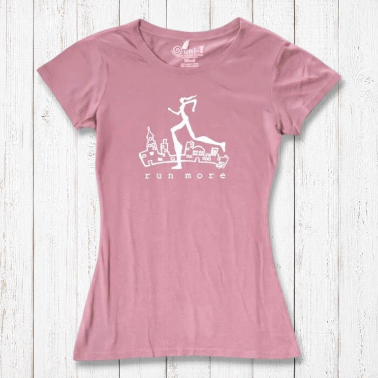 Pink women's bamboo and organic cotton graphic tee with 'Run More' design, eco-conscious workout top for female runners.
