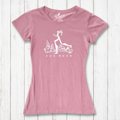 Pink women's bamboo and organic cotton graphic tee with 'Run More' design, eco-conscious workout top for female runners.