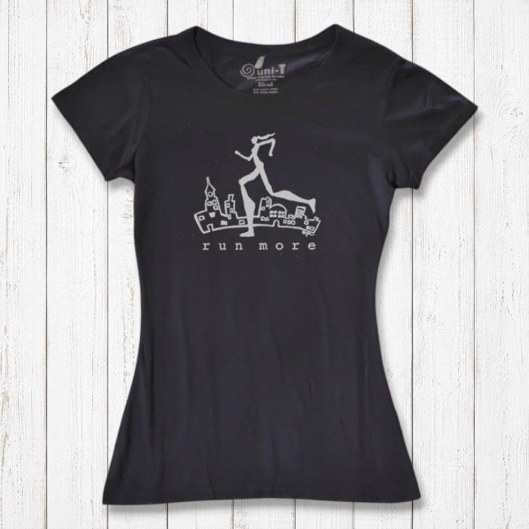 Black women's running t-shirt made from bamboo and organic cotton, featuring 'Run More' graphic, ideal for sustainable fitness fashion.