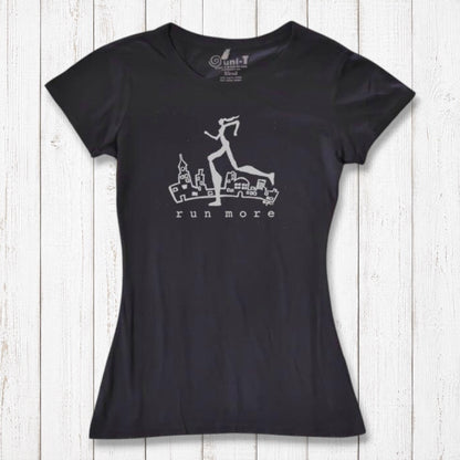 Black women's running t-shirt made from bamboo and organic cotton, featuring 'Run More' graphic, ideal for sustainable fitness fashion.