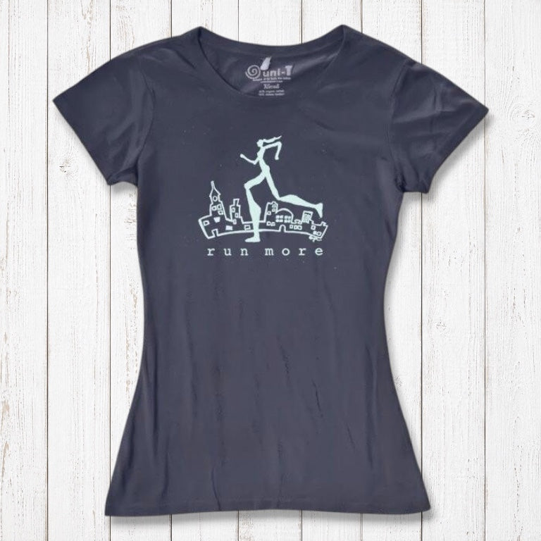 Navy blue women's bamboo and organic cotton t-shirt with mint 'Run More' print, breathable and soft for running and everyday wear.