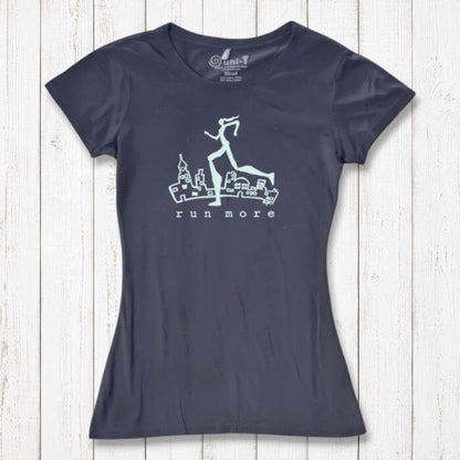 Navy blue women's bamboo and organic cotton t-shirt with mint 'Run More' print, breathable and soft for running and everyday wear.