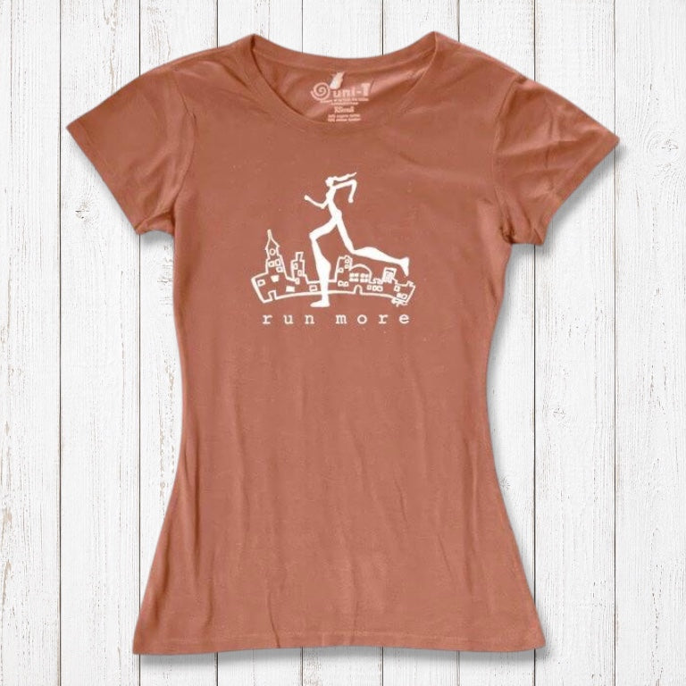 Terracotta women's sustainable running tee with white 'Run More' graphic, made from bamboo and organic cotton for eco-friendly workouts.