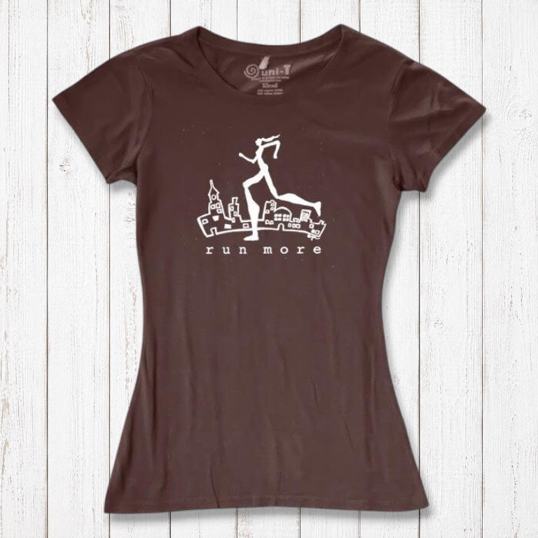 Brown women's bamboo and organic cotton t-shirt with white 'Run More' runner design, perfect for activewear and motivational gifts.