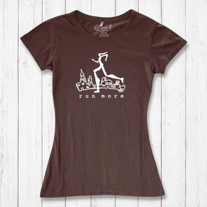 Brown women's bamboo and organic cotton t-shirt with white 'Run More' runner design, perfect for activewear and motivational gifts.