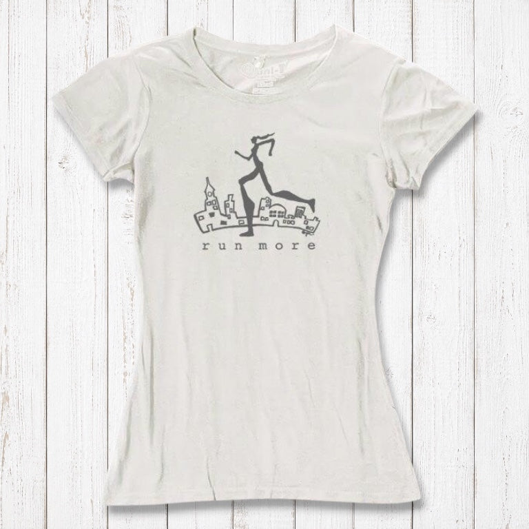 Ivory women's bamboo and organic cotton t-shirt with grey 'Run More' graphic, soft and breathable top for runners and fitness lovers.