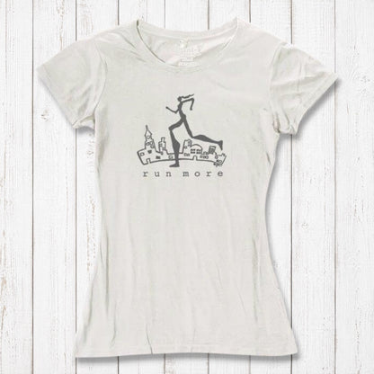 Ivory women's bamboo and organic cotton t-shirt with grey 'Run More' graphic, soft and breathable top for runners and fitness lovers.