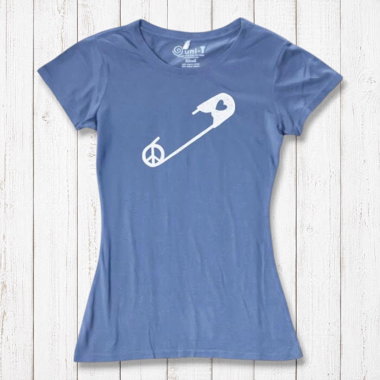 Slate blue Women's Peace & Love T-Shirt with white safety pin and peace symbol print. Sustainable bamboo cotton blend for activism wear.