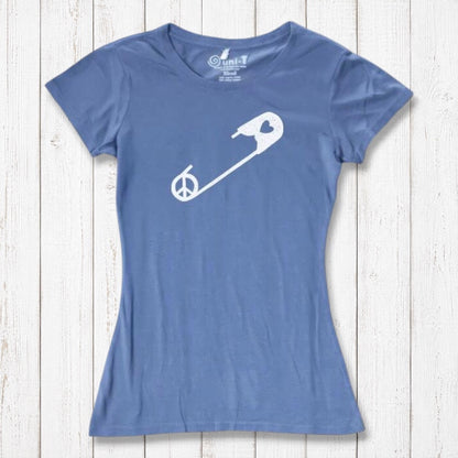 Slate blue Women's Peace & Love T-Shirt with white safety pin and peace symbol print. Sustainable bamboo cotton blend for activism wear.