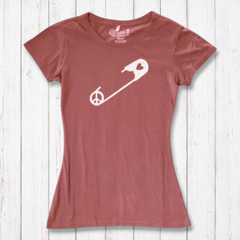Dusty rose Women's Peace & Love T-Shirt with white safety pin and heart design. Organic cotton blend top for solidarity and activism.