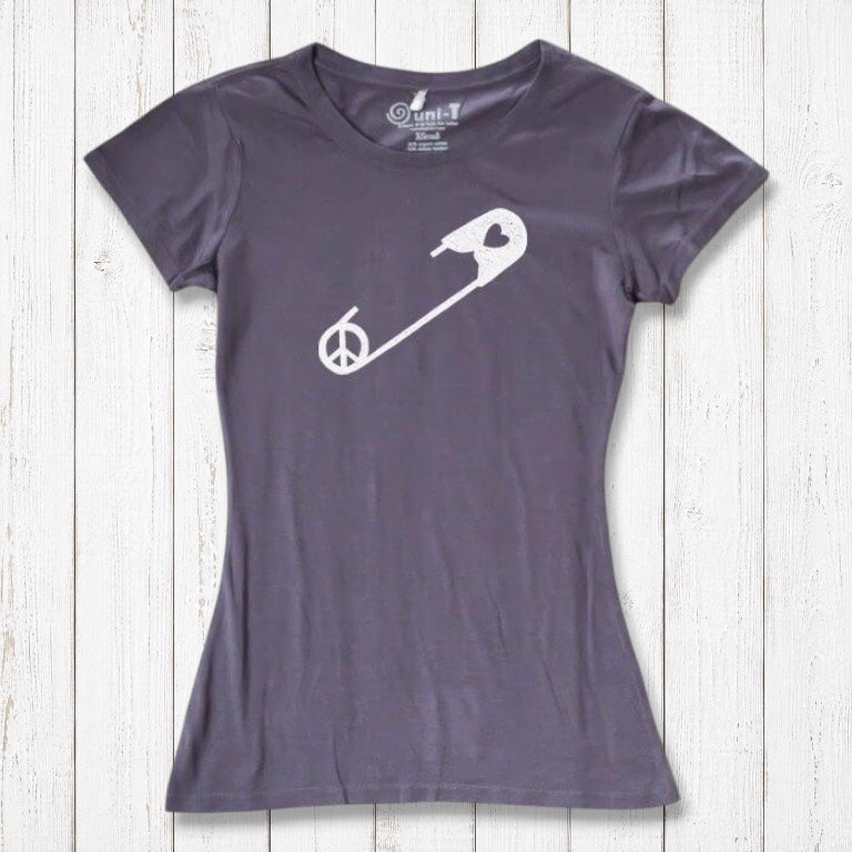 Heather gray Women's Peace & Love T-Shirt with white safety pin and peace sign. Ethical fashion tee supporting kindness and inclusion.