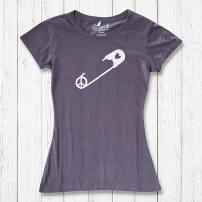 Heather gray Women's Peace & Love T-Shirt with white safety pin and peace sign. Ethical fashion tee supporting kindness and inclusion.