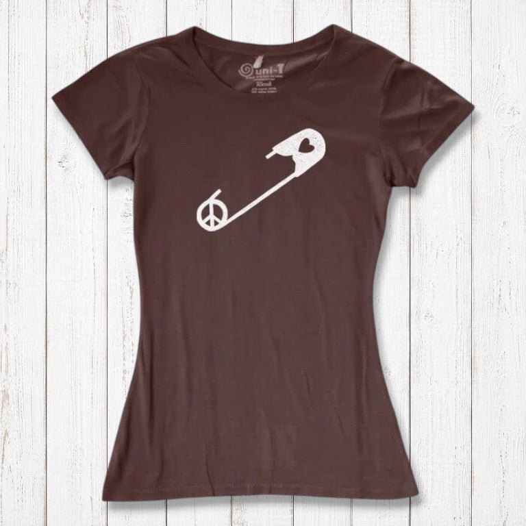 Chocolate brown Women's Peace & Love T-Shirt with white safety pin and heart design. Bamboo and organic cotton tee for advocates.