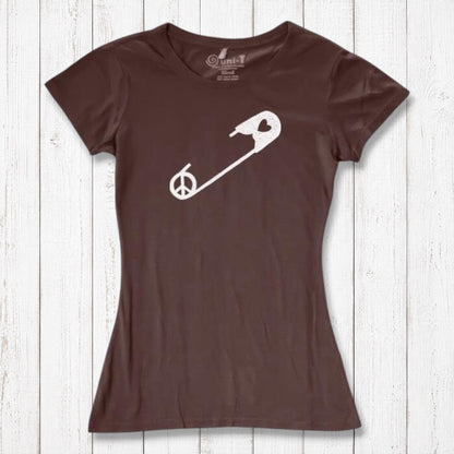 Chocolate brown Women's Peace & Love T-Shirt with white safety pin and heart design. Bamboo and organic cotton tee for advocates.