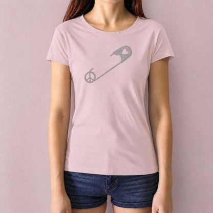 Pink Women's Peace & Love T-Shirt with white safety pin and heart graphic. Eco-friendly bamboo cotton tee for social justice supporters.