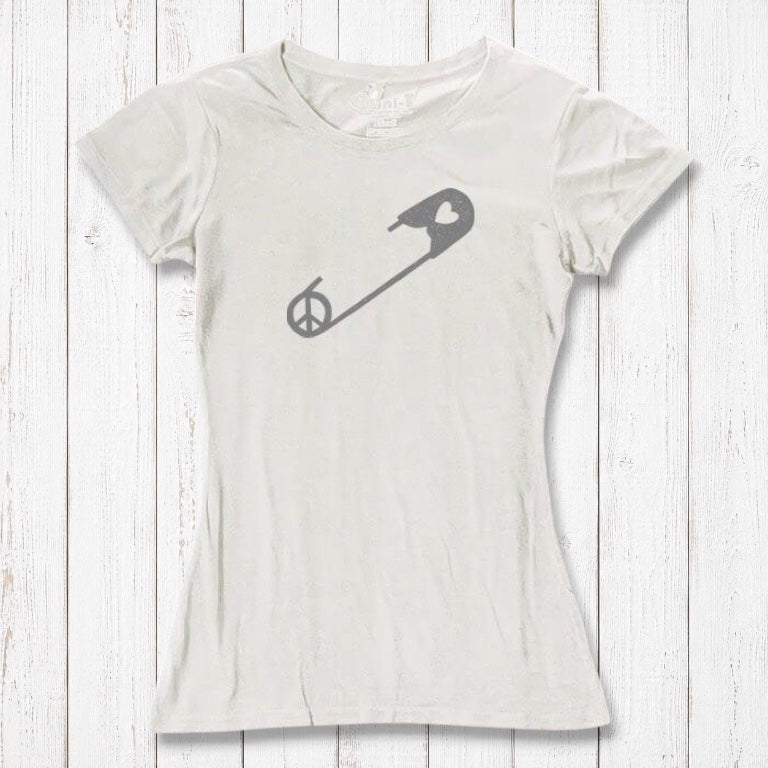 Ivory Women's Peace & Love T-Shirt with gray safety pin and peace sign graphic. Organic cotton blend tee for unity and love expression.