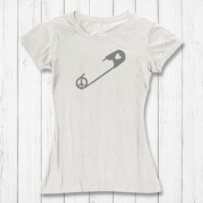 Ivory Women's Peace & Love T-Shirt with gray safety pin and peace sign graphic. Organic cotton blend tee for unity and love expression.