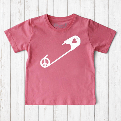 Pink Kids' Safety Pin Organic Cotton T-Shirt featuring white peace and heart graphic, a soft, sustainable top promoting kindness by Uni-T.