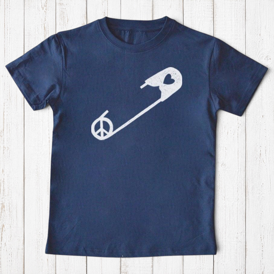 Navy Kids' Safety Pin Organic Cotton T-Shirt with white peace and heart graphic, a unisex sustainable kindness tee by Uni-T for children.