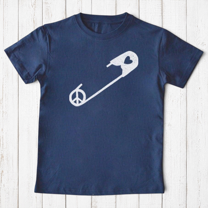 Navy Kids' Safety Pin Organic Cotton T-Shirt with white peace and heart graphic, a unisex sustainable kindness tee by Uni-T for children.