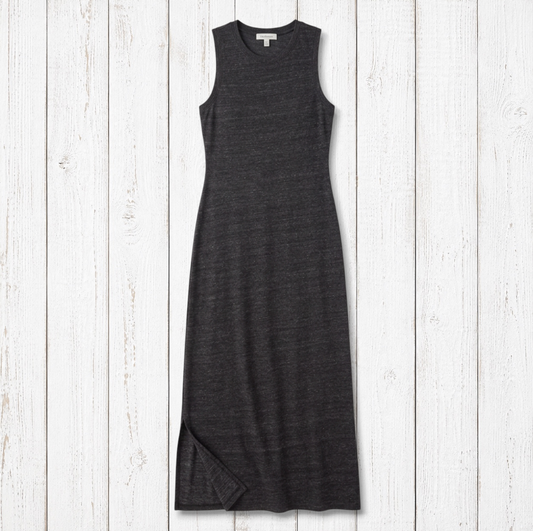 Uni-T charcoal grey maxi tank dress in silky cotton jersey with a side slit and sleeveless design