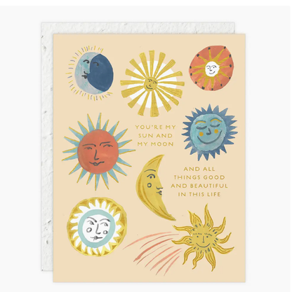 Sun and Moon Card with colorful celestial illustrations and gold foil accents, printed on eco-friendly plantable seed paper.