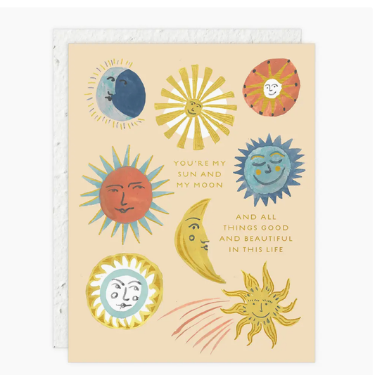 Sun and Moon Card with colorful celestial illustrations and gold foil accents, printed on eco-friendly plantable seed paper.