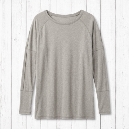 Uni-T Ramble eco-gauze raglan tunic in taupe with long sleeves, wide neckline, and shirttail hem.