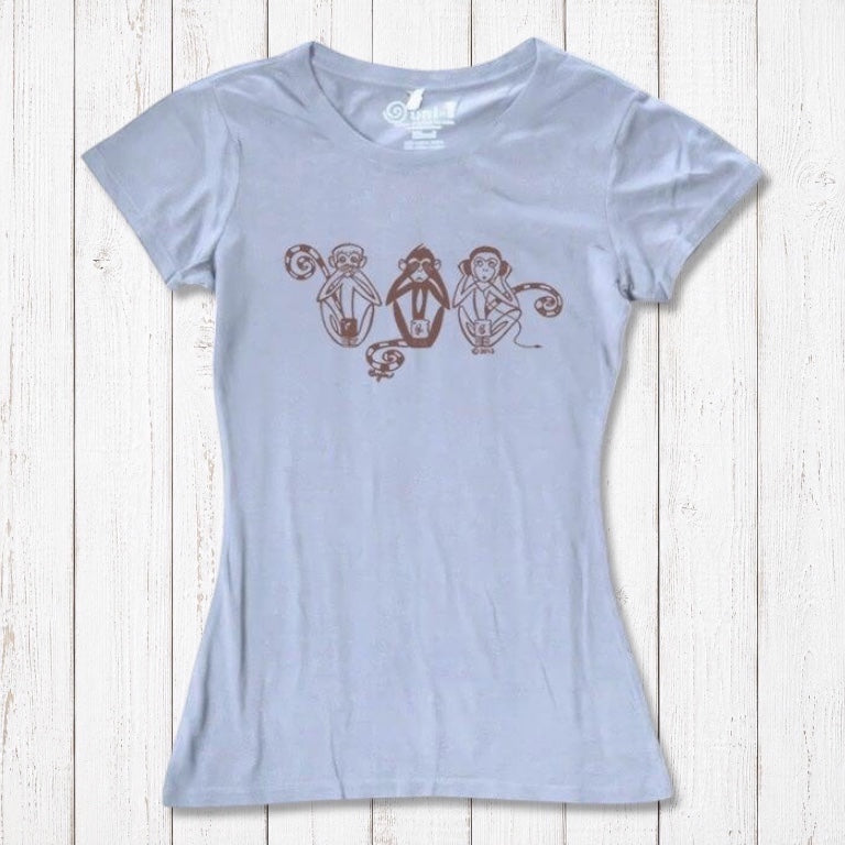 Light blue Women's Three Wise Monkeys T-Shirt made from bamboo & organic cotton, featuring a brown artistic monkey graphic for wisdom and mindfulness.