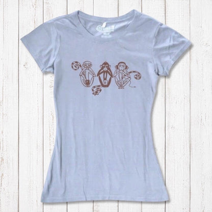Light blue Women's Three Wise Monkeys T-Shirt made from bamboo & organic cotton, featuring a brown artistic monkey graphic for wisdom and mindfulness.