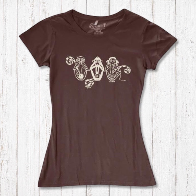Brown Women's Three Wise Monkeys T-Shirt in bamboo & organic cotton with cream monkey print, ideal for eco-conscious fashion and inspirational gifting.
