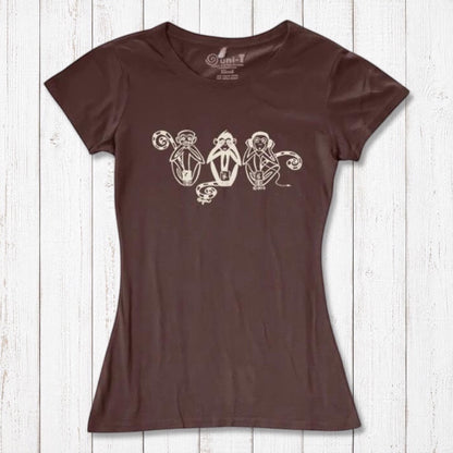 Brown Women's Three Wise Monkeys T-Shirt in bamboo & organic cotton with cream monkey print, ideal for eco-conscious fashion and inspirational gifting.