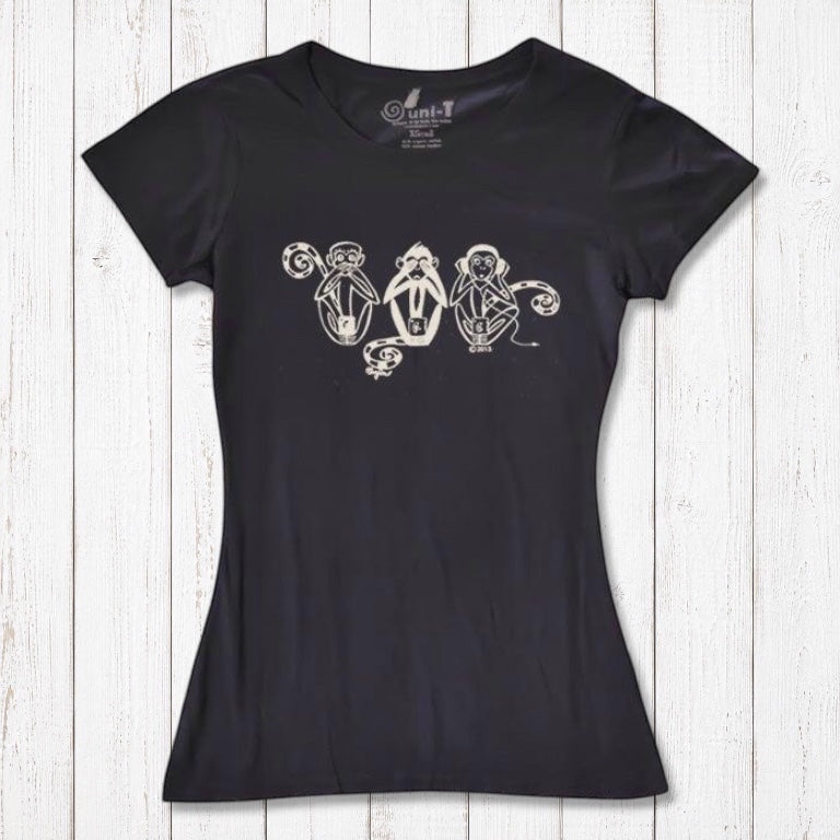 Black Women's Three Wise Monkeys T-Shirt in bamboo & organic cotton with cream monkey design, combining sustainability with a message of wisdom.