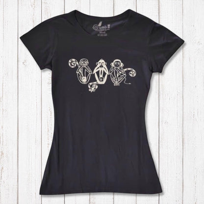 Black Women's Three Wise Monkeys T-Shirt in bamboo & organic cotton with cream monkey design, combining sustainability with a message of wisdom.