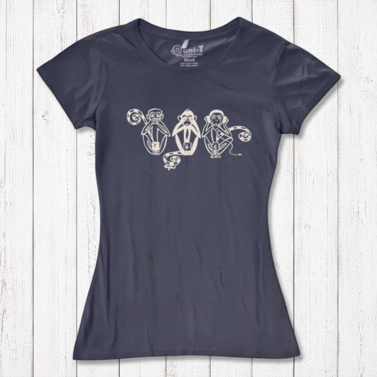 Navy blue Women's Three Wise Monkeys T-Shirt in bamboo & organic cotton, featuring cream monkey artwork symbolizing mindfulness and ethical fashion.