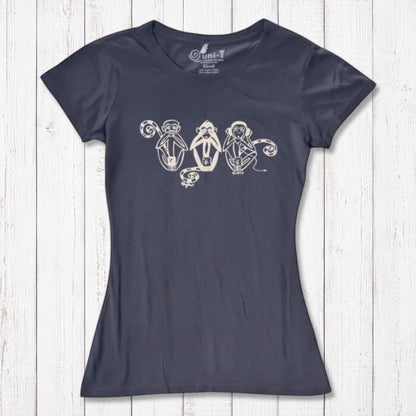 Navy blue Women's Three Wise Monkeys T-Shirt in bamboo & organic cotton, featuring cream monkey artwork symbolizing mindfulness and ethical fashion.