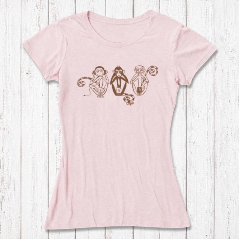 Pink Women's Three Wise Monkeys T-Shirt in bamboo & organic cotton with dark monkey graphic, a soft and meaningful gift for women who value wisdom.