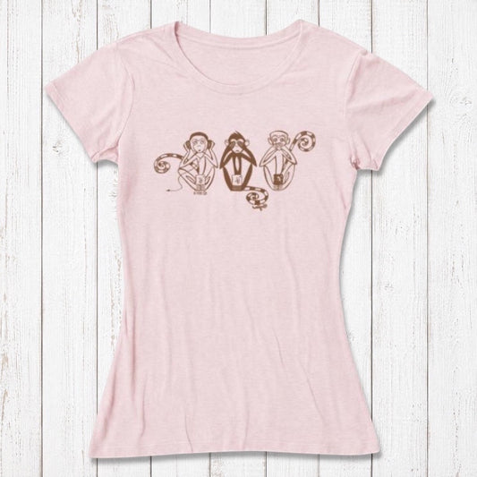 Pink Women's Three Wise Monkeys T-Shirt in bamboo & organic cotton with dark monkey graphic, a soft and meaningful gift for women who value wisdom.