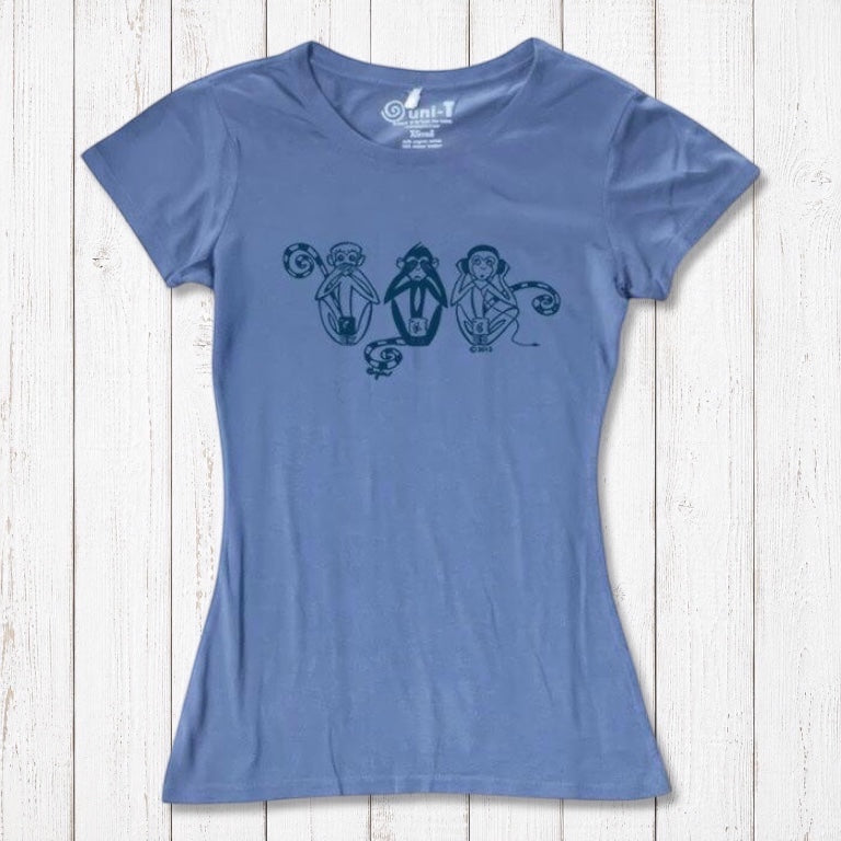 Periwinkle blue Women's Three Wise Monkeys T-Shirt in bamboo & organic cotton with navy monkey print, offering comfort and a message of mindfulness.