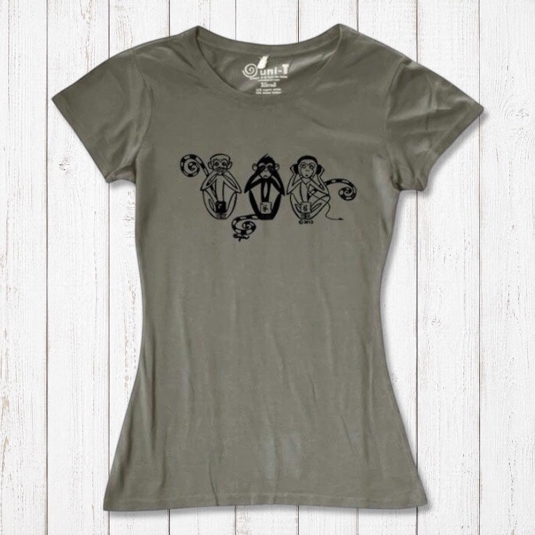 Olive green Women's Three Wise Monkeys T-Shirt in bamboo & organic cotton with black monkey design, ideal for eco-conscious shoppers seeking wisdom.