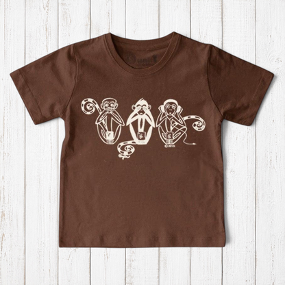 Brown Kids' Organic Cotton T-Shirt featuring whimsical Three Wise Monkeys design. Sustainable and fun animal tee for children by Uni-T.
