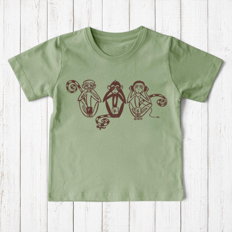 Light green Kids' Organic Cotton T-Shirt with Three Wise Monkeys graphic. Eco-conscious and playful top for children, perfect for gifting.