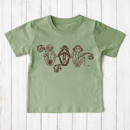 Light green Kids' Organic Cotton T-Shirt with Three Wise Monkeys graphic. Eco-conscious and playful top for children, perfect for gifting.