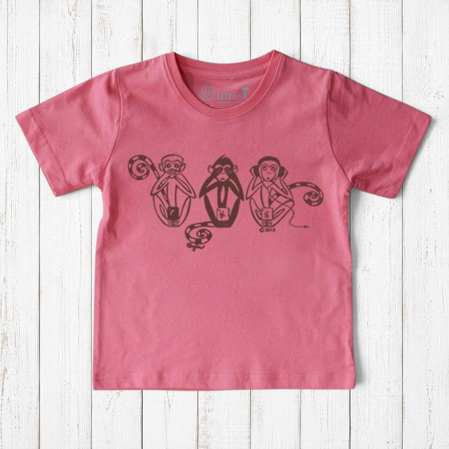 Pink Kids' Organic Cotton T-Shirt with dark Three Wise Monkeys print. Fun and sustainable animal-themed tee for kids by Uni-T.