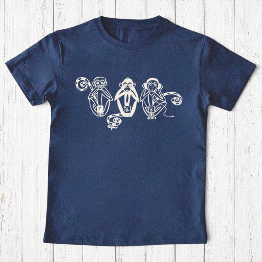 Navy blue Kids' Organic Cotton T-Shirt with white Three Wise Monkeys graphic. Sustainable, fun animal tee for kids, perfect eco gift idea.