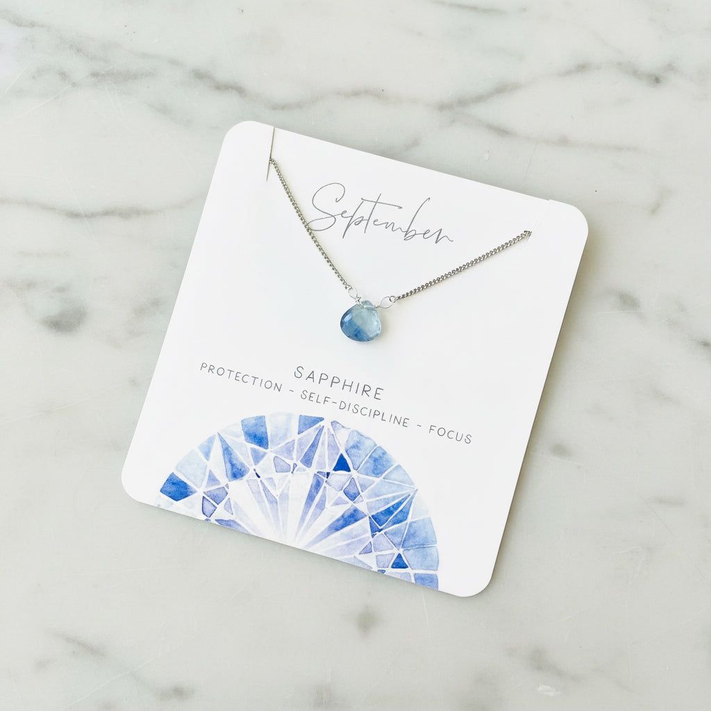 Sapphire gemstone necklace on card