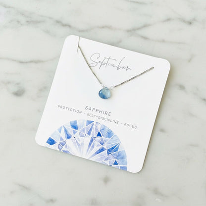 Sapphire gemstone necklace on card