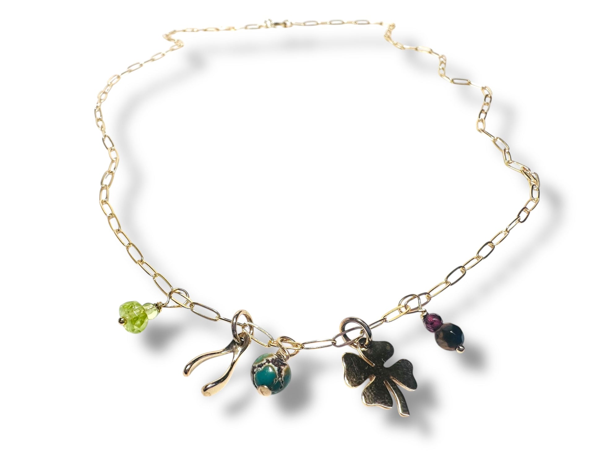 Gold chain necklace with lucky charm and multicolor beads